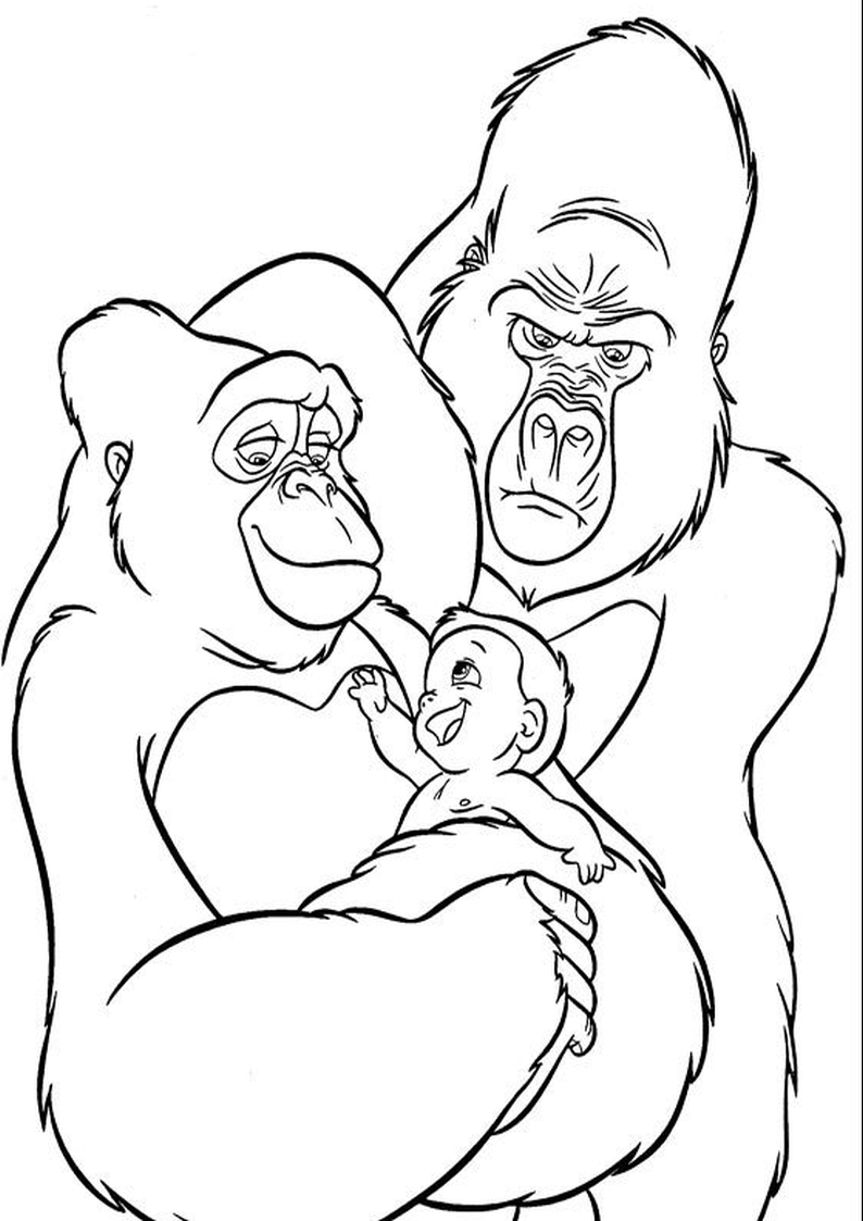 dla dzieci kolorowanka Tarzan Disney, obrazek z dwoma gorylami, jednym z nich jest gorylica Kala która przytula małego Tarzana numer 11
